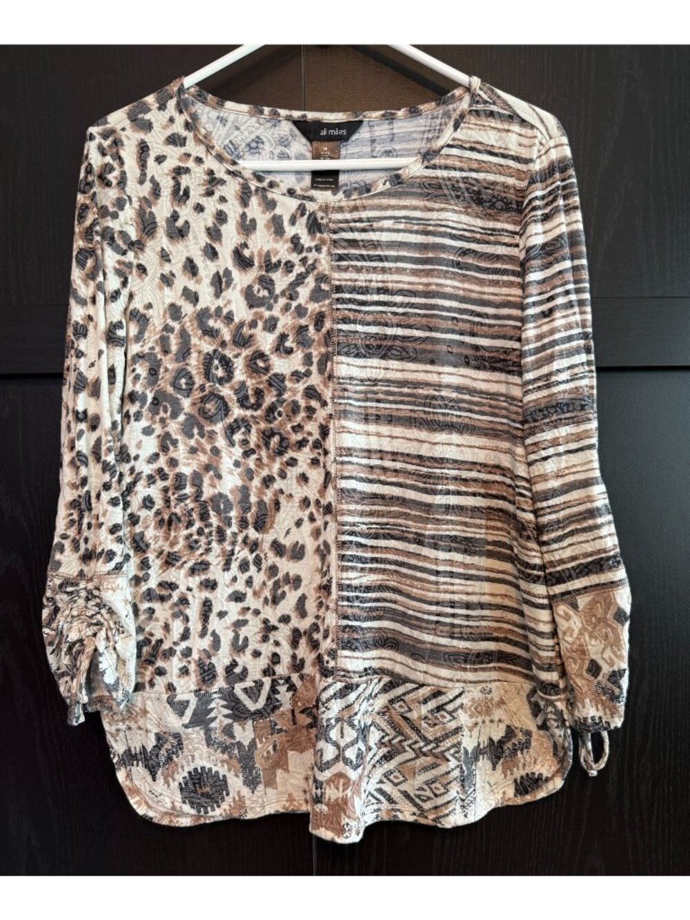 Ali Miles Mixed Animal Print Artsy Tunic Blouse Medium Lagenlook Long Sleeves
